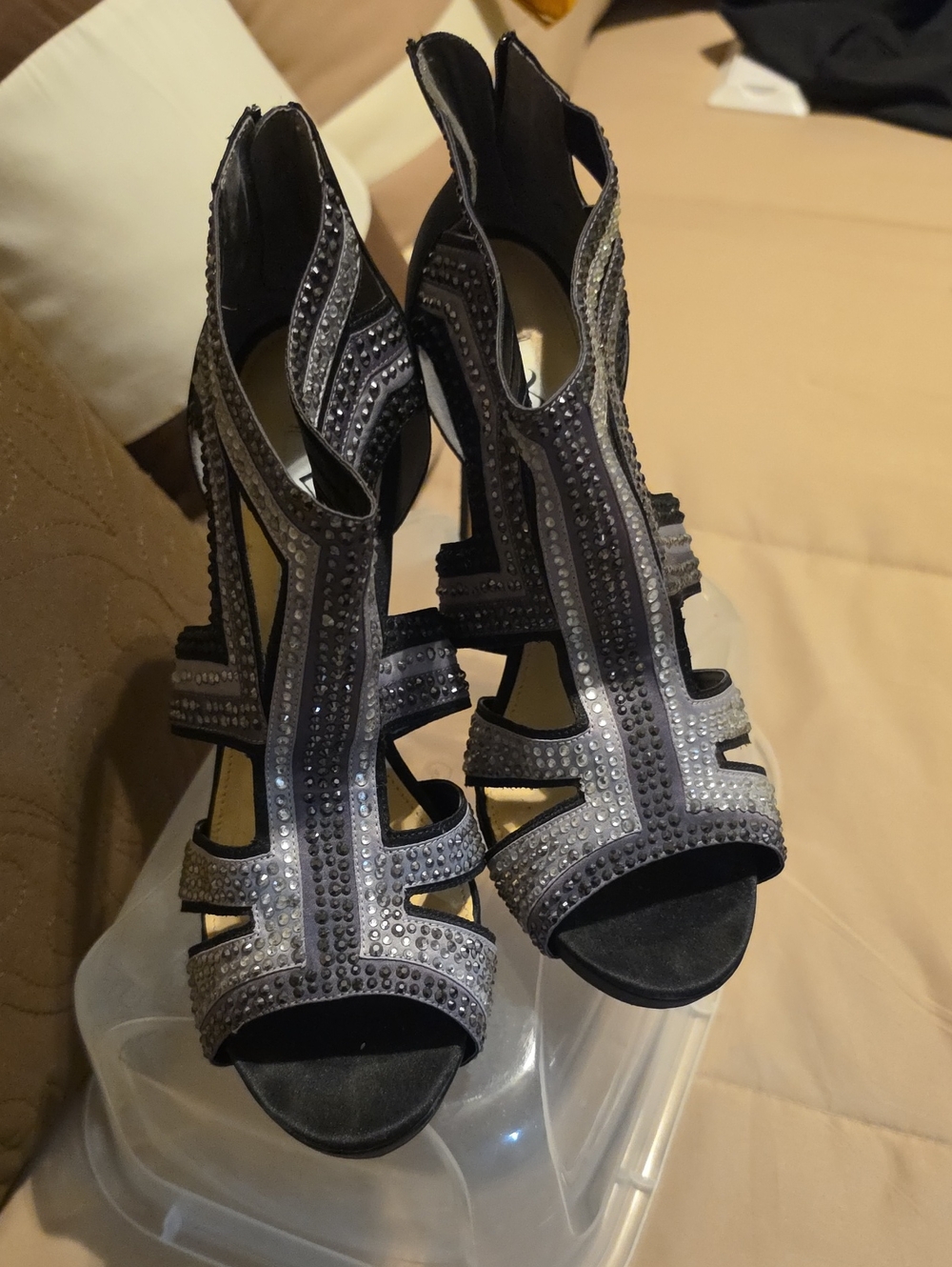 NINA Women's Black and Silver Embellished Strappy Heels